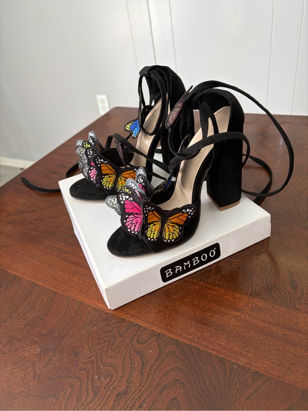 BAMBOO Black Suede Block Heels with Multicolor Butterfly Appliqués
